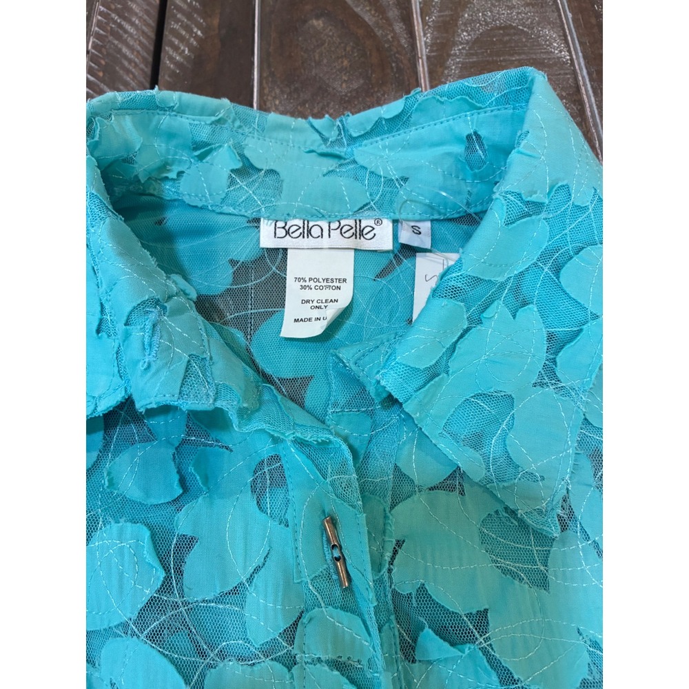 Bella Pelle Turquoise Floral Lace Avant Garde Shirt‎ Sheer 3D Petal Blouse Small